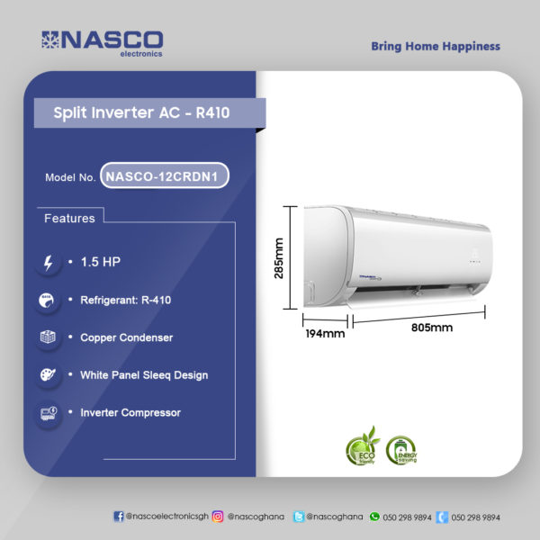 NASCO 1.5HP SPLIT INVERTER AIR CONDITIONER WHITE PANEL