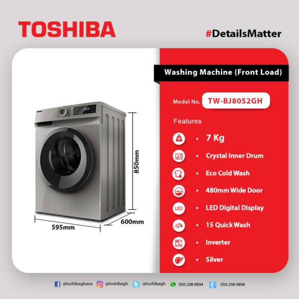 TOSHIBA FRONT LOAD 7KG WASHING MACHINE WITH CYCLONEMIX TW-BJ80S2GH